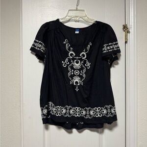 Old Navy Black Blouse with White Embroidery